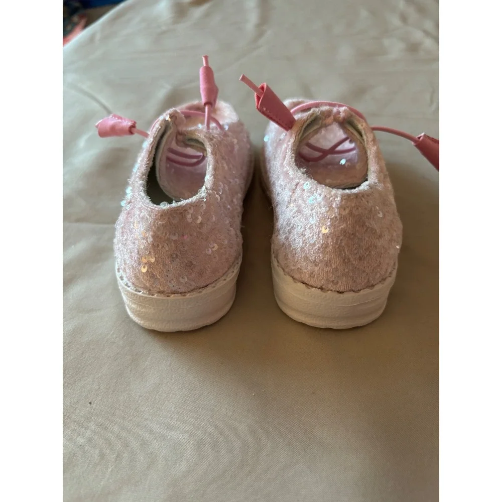 Kids Pink Sequin Sparkle Slip On Loafers Moc Toe Shoes Size 26 EU